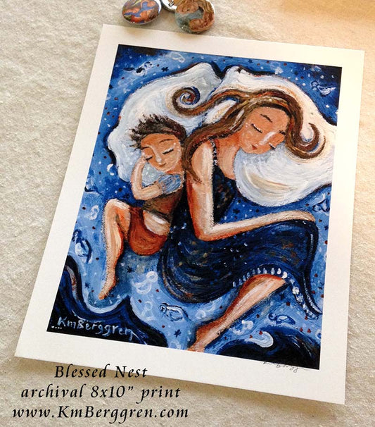 mother with one sleeping child print, blessings art, sleeping back to back with son, bed-sharing family, family cosleep, co-sleep family art, attachment parenting art, warm art, dark haired mother and children painting