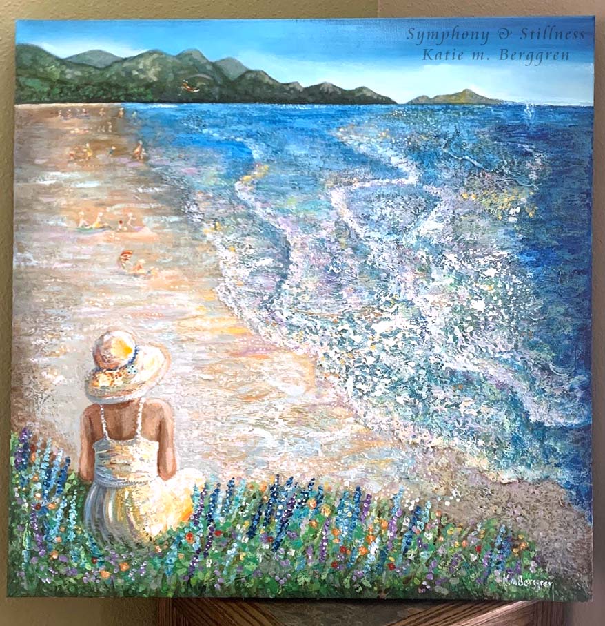 woman overlooking the beach, peaceful woman paintings, gifts for women art, art gift for mom, paintings for women, painting of woman at the beach, woman and the sea artwork, solitude paintings, paintings of peace, flower painting, ocean painting,