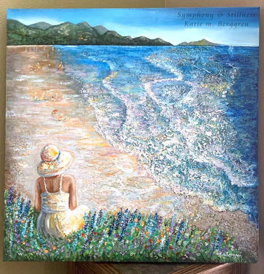 woman overlooking the beach, peaceful woman paintings, gifts for women art, art gift for mom, paintings for women, painting of woman at the beach, woman and the sea artwork, solitude paintings, paintings of peace, flower painting, ocean painting,