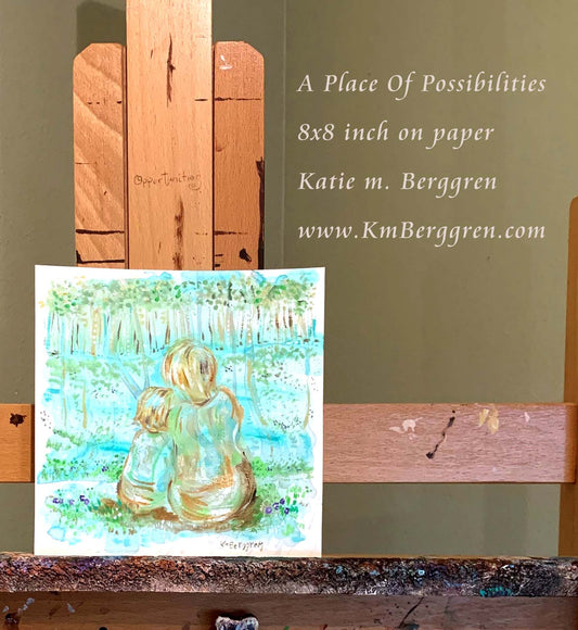 mother and child sitting in the woods artwork, paintings of trees, kmberggren