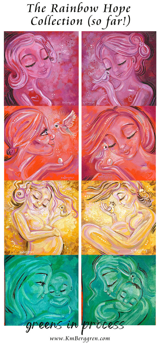 rainbow artwork, artwork for mother, woman and bird paintings, paintings of birds, paintings of women, warm art, cheerful hopeful artwork, gift for new mom, gift for expectant mom