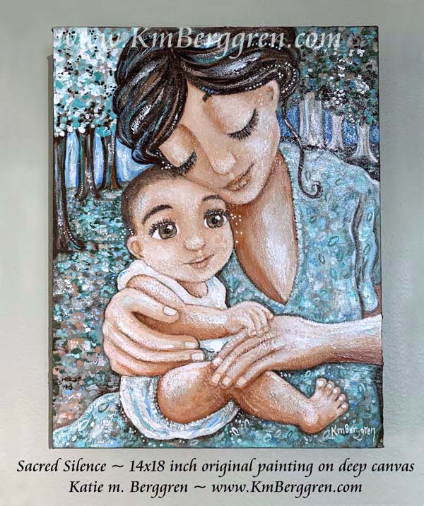 mother son artwork, mom baby in the woods, beautiful trees painting, mommy art, personalized art for families by kmberggren, kimberggren kim berggren katie m. berggren, katie not kim, kmberrgren