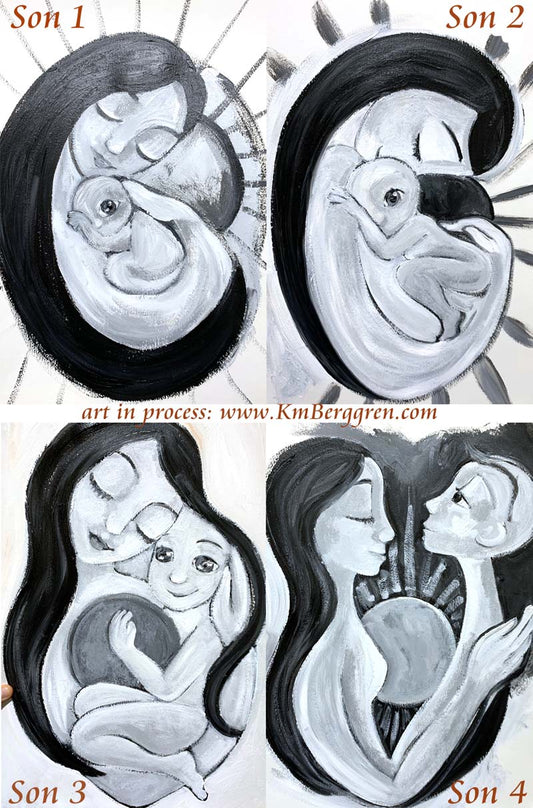 Mom and son, boy and mother artwork by Katie m. Berggren, growing boy, growth stages of son little boy to young man