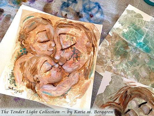 brilliant vivid colorful artwork of mother and child, kmberggren, km berggren art, kimberggren art, watercolor paintings of family, mom and baby watercolor