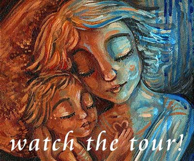 bright and vivid paintings of mother and child, family paintings in blues and reds and oranges, mom and baby vibrant artwork, kmberggren, km berggren