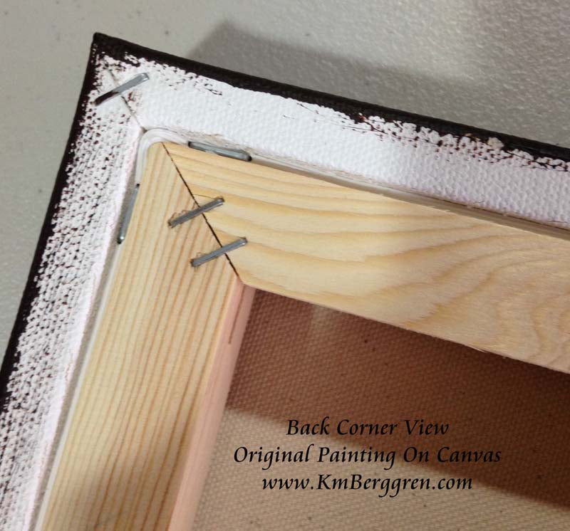 back view of corner of original painting on deep canvas with fully painted brown edges so that the painting does not need to be framed but can be hung straight on the wall with the included hanging wire that is attached to the back of the wooden canvas supports