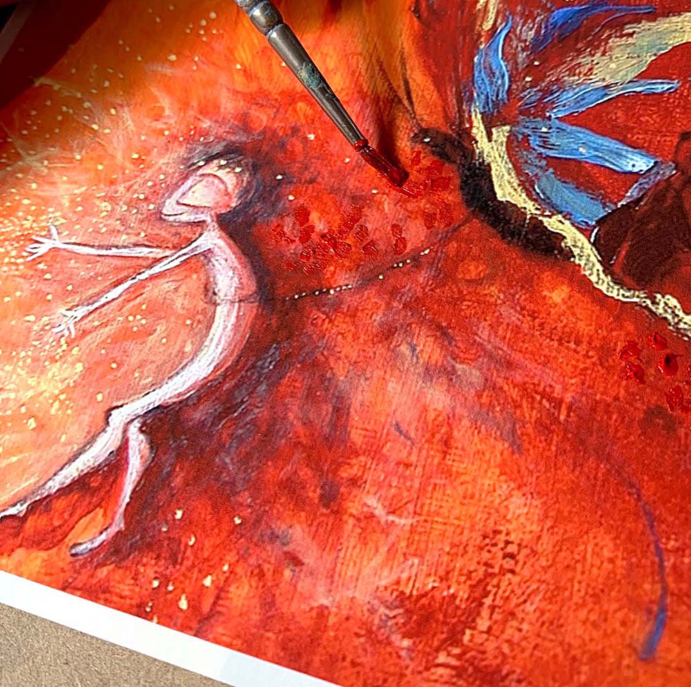 orange and red painting of big butterfly holding baby, swinging from a butterfly, hopeful optimism painting, optimistic child painting, bright hopeful artwork, km berggren, kmberggren, kimberggren