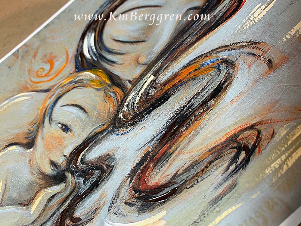 Artistic depiction of two figures sleeping together, brunette mother and blonde son, mother and daughter art, mother and daughter sleeping artwork, painting of mom and little girl napping, child and mom sleeping artwork, mom and son sleeping art, paintings of mother and child, hopeful optimistic white and gold artwork for moms and women, kmberggren, km berggren, kimberggren