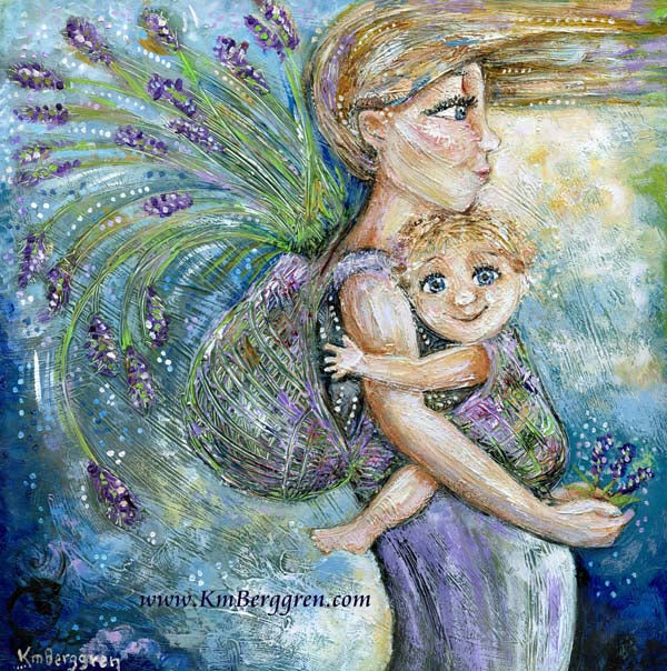 blonde mother wearing blonde baby with lavender flowers in her backpack, babywearing wrapping baby front pack front-wearing art by KmBerggren