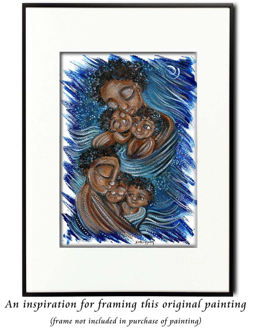 african american mother and children, father and children, black woman, black man and kids, black family, skin to skin, black afro hair, short curly hair, proud family artwork, blue painting on thick paper, brothers, sisters, two kids or four kids, motherhood art by Katie m. Berggren, KmBerggren