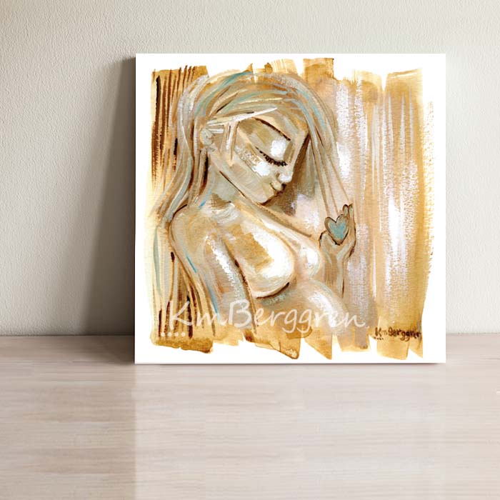 yellow and gold pregnant mother holding a blue heart, meaningful art print, gift for new mom, baby shower gift