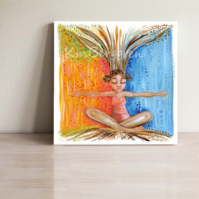 A solitary and confident woman leaning against a tree art print. Confident woman yoga pose beneath a tree. Warm and cool weather art, spring and winter art, finding hope, hopeful art print for women, strong girl art. Rain & Sunshine art.