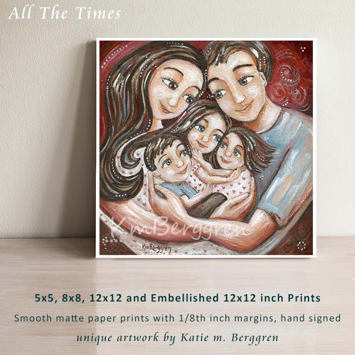 mother and father and three children, brunette hair, long brown hair mom, blue eyed daughter, family of 5 artwork, paintings of family by kmberggren