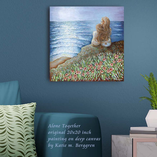 mother and daughter art, mother child painting, mother daughter painting, painting of mom and girl, mom and little girl painting, mom and little girl artwork, mommy and daughter, mother daughter painting, gift for grown daughter, gift for mother from grown daughter, original artwork on canvas, painting of women at the sea, women overlooking ocean, purple blue green painting, peaceful artwork, peaceful woman painting, peaceful daughter, sisters at the beach, sister painting, big and little sister