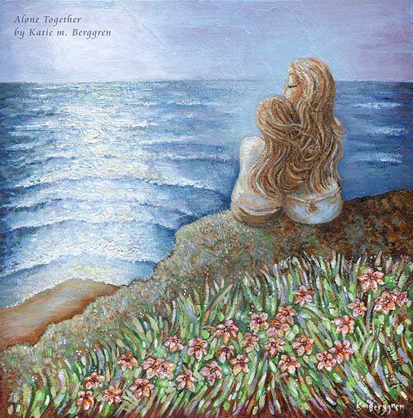 mother and daughter art, mother child painting, mother daughter painting, painting of mom and girl, mom and little girl painting, mom and little girl artwork, mommy and daughter, mother daughter painting, gift for grown daughter, gift for mother from grown daughter, original artwork on canvas, painting of women at the sea, women overlooking ocean, purple blue green painting, peaceful artwork, peaceful woman painting, peaceful daughter, sisters at the beach, sister painting, big and little sister