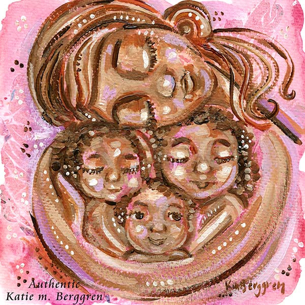 painting of black mom with three kids, african american mother of 3 art print painting, pink artwork, warm art, mother with black skin, three children and black mother, black mother of 3, motherhood artwork, paintings for mom, woman of color paintings, family of color, gentle mother protecting children artwork