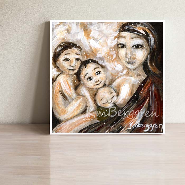 mom with brown hair nursing baby with two older kids art, third baby nursing, dark eyed mother with black hair, mama of 3 kids, kmberggren