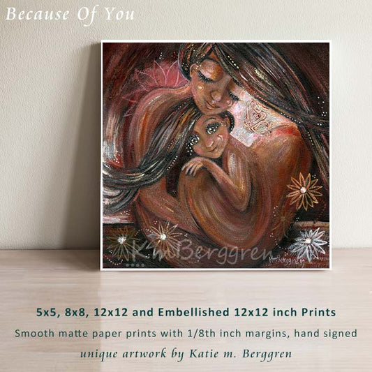 black mother and daughter long dark hair cuddling skin to skin, sparkly brown eyes, moon on cheek, butterfly and flowers art print, strong women painting