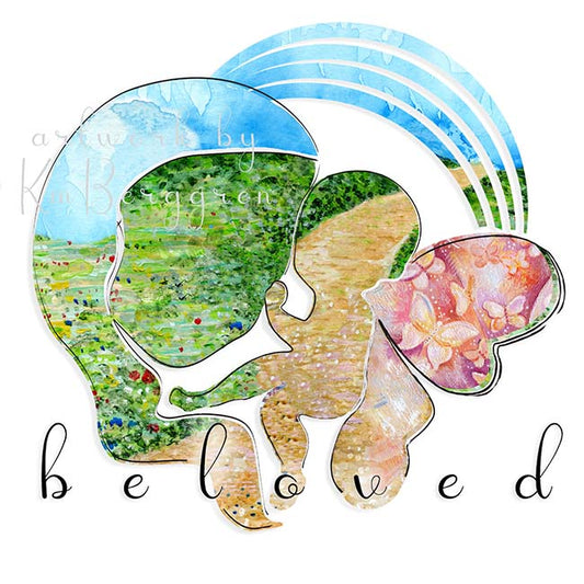 mother baby angel graphic artwork, silhouette, kmberggren, inspiring prints, wall decor, loss mother, art for clinic, winged baby with rainbow artwork