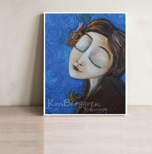 empowered woman emerald blue artwork with jeweled bird on her head and blue sky by KmBerggren