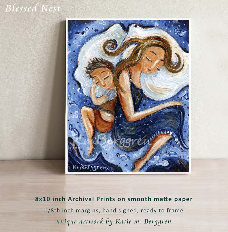 blue art print of mother sleeping back to back with son in blue bed