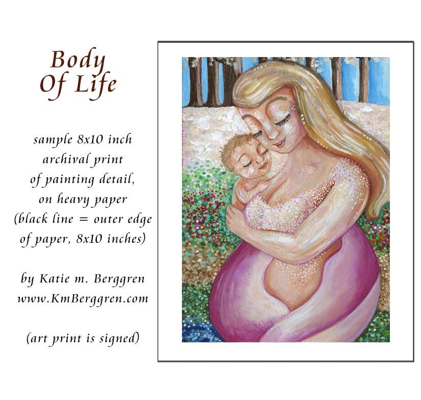 plus-size woman mother with blonde hair, blond mom and new baby, full-figure mom, naked mother and child, woman in nature, mom and baby in nature, artwork with trees and flowers, paintings of nature and women, family in nature art, gift for new mom, new baby artwork, kmberggren, km berggren, katie m. berggren artwork, motherhood art