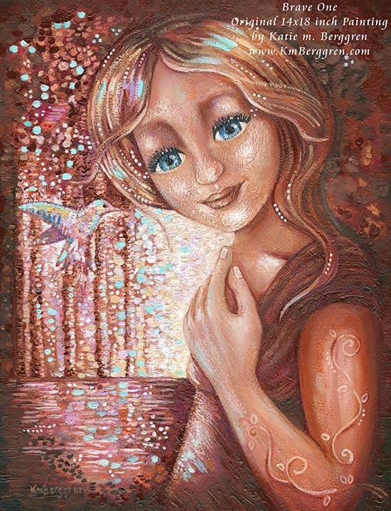 a gorgeous young woman with blue eyes and a hummingbird, painting of a beautiful woman with her hand on her heart, woman in the woods, sparkly whimsical painting, blue eyed daughter art, blonde hair blue eyes painting, km berggren, kmberggren, katiemberggren, paintings of women