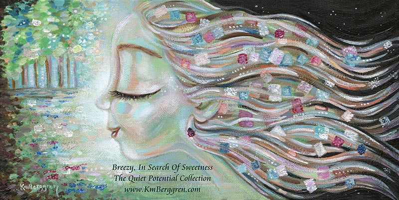 Artistic depiction of a woman with flowing hair and colorful flowers, with text overlay. original artwork by kmberggren, woman's profile painting, woman in forest, meditation artwork, soothing calm painting of women