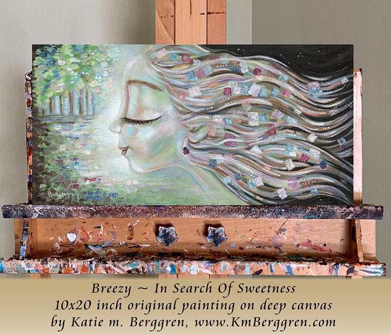 Artistic depiction of a face with flowing hair on a wooden easel against a plain wall. Artistic depiction of a woman with flowing hair and colorful flowers, with text overlay. original artwork by kmberggren, woman's profile painting, woman in forest, meditation artwork, soothing calm painting of women