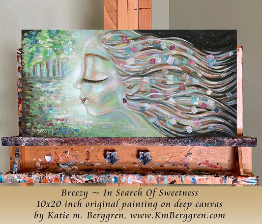 Artistic depiction of a face with flowing hair on a wooden easel against a plain wall. Artistic depiction of a woman with flowing hair and colorful flowers, with text overlay. original artwork by kmberggren, woman's profile painting, woman in forest, meditation artwork, soothing calm painting of women