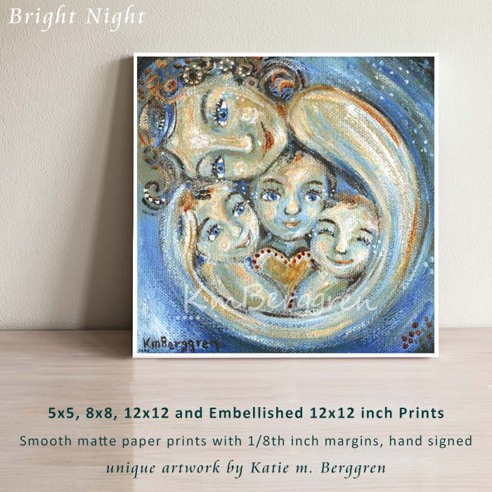 Blue art print of mother with three children smiling with blue eyes, brunette curly hair mother wrapping her arm around 3 children, mommy of 3, three babies with a heart in a soft blue artwork by kmberggren