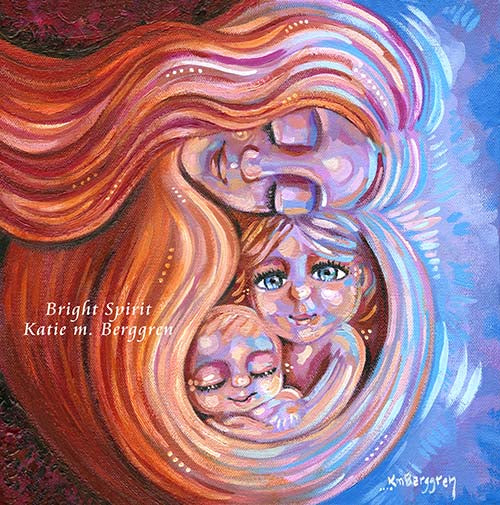 cheerful artwork of mother cradling two happy children with big blue eyes, purple and blue soft and vibrant original painting by kmberggren