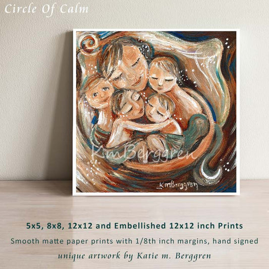 an art print of a mother sleeping in a bed circled by her four children, cuddling kids, cosleeping with mommy