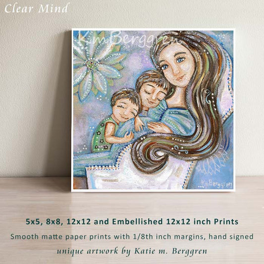 a purple and blue art painting of a pregnant mother with two children and a big blue flower, big sister big brother new baby