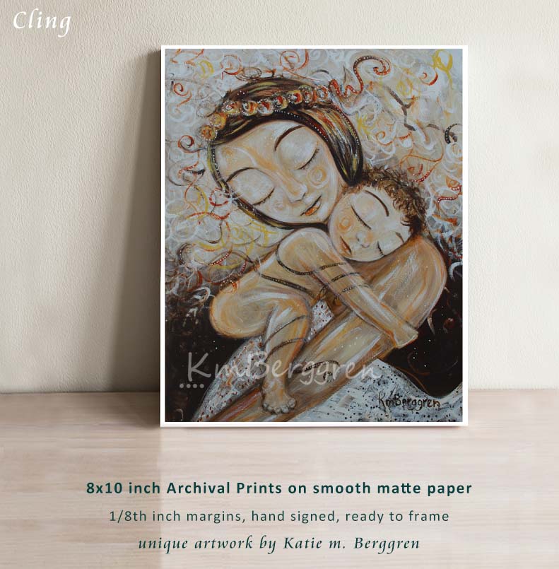 painting of mom holding a nude child to her, wearing an flower wreath in her hair, by KmBerggren