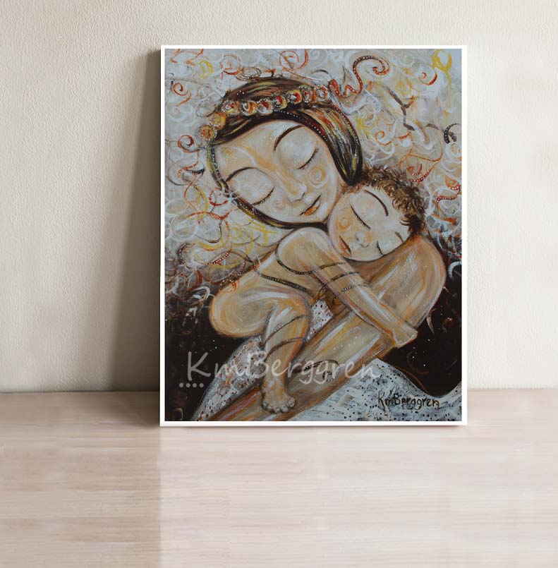 painting of mom holding a nude child to her, wearing an flower wreath in her hair, by KmBerggren