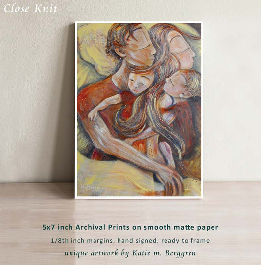 An art image of a family of four sleeping together wearing red shirts in a yellow bed, cosleeping artwork, sleeping with two kids painting, mother and father art, mom and dad painting, mom and dad two kids art print, wall decor for families, intimate family art by KmBerggren