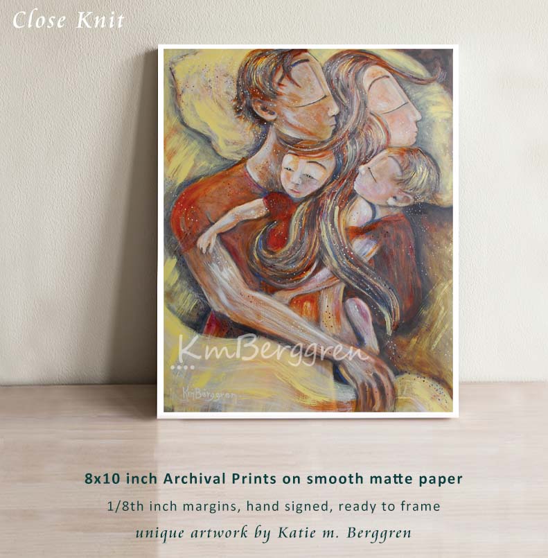 An art image of a family of four sleeping together wearing red shirts in a yellow bed, cosleeping artwork, sleeping with two kids painting, mother and father art, mom and dad painting, mom and dad two kids art print, wall decor for families, intimate family art by KmBerggren