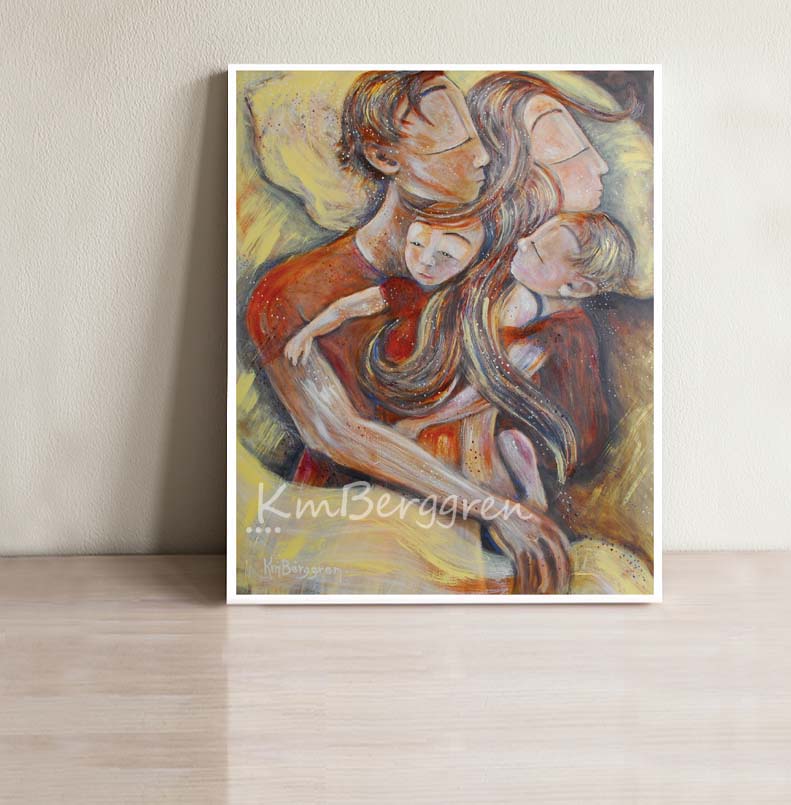 An art image of a family of four sleeping together wearing red shirts in a yellow bed, cosleeping artwork, sleeping with two kids painting, mother and father art, mom and dad painting, mom and dad two kids art print, wall decor for families, intimate family art by KmBerggren