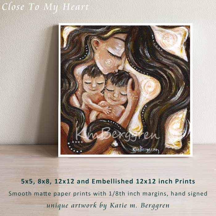 a long brown haired mother sleeping with two brown haired children art print by KmBerggren, 2 brothers art, big brother little brother painting, mom with 2 sons art print, two sons artwork