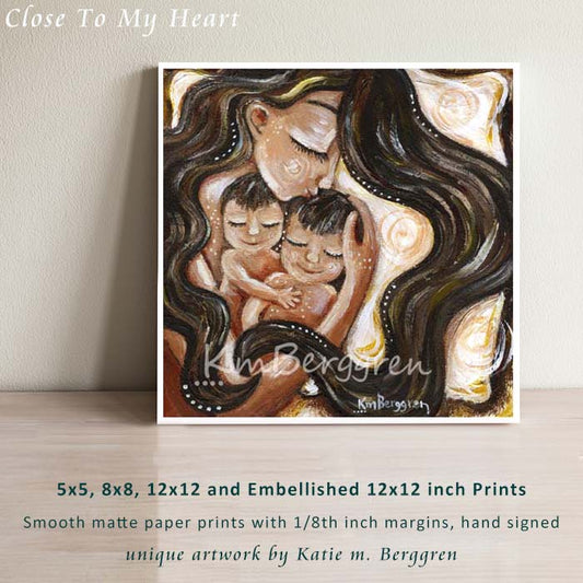 a long brown haired mother sleeping with two brown haired children art print by KmBerggren, 2 brothers art, big brother little brother painting, mom with 2 sons art print, two sons artwork