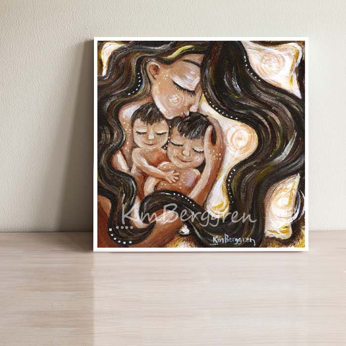 a long brown haired mother sleeping with two brown haired children art print by KmBerggren, 2 brothers art, big brother little brother painting, mom with 2 sons art print, two sons artwork