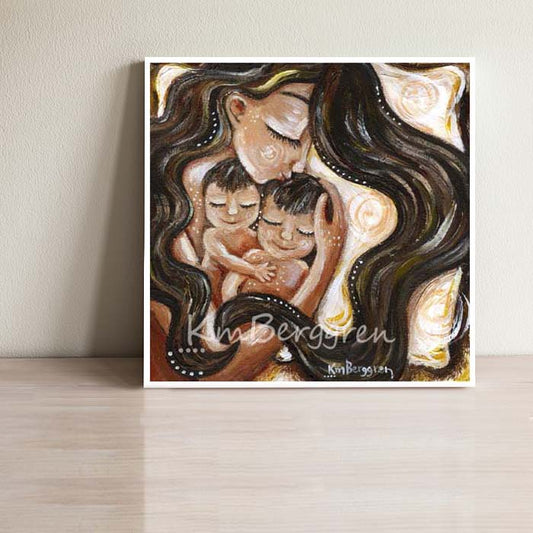 a long brown haired mother sleeping with two brown haired children art print by KmBerggren, 2 brothers art, big brother little brother painting, mom with 2 sons art print, two sons artwork