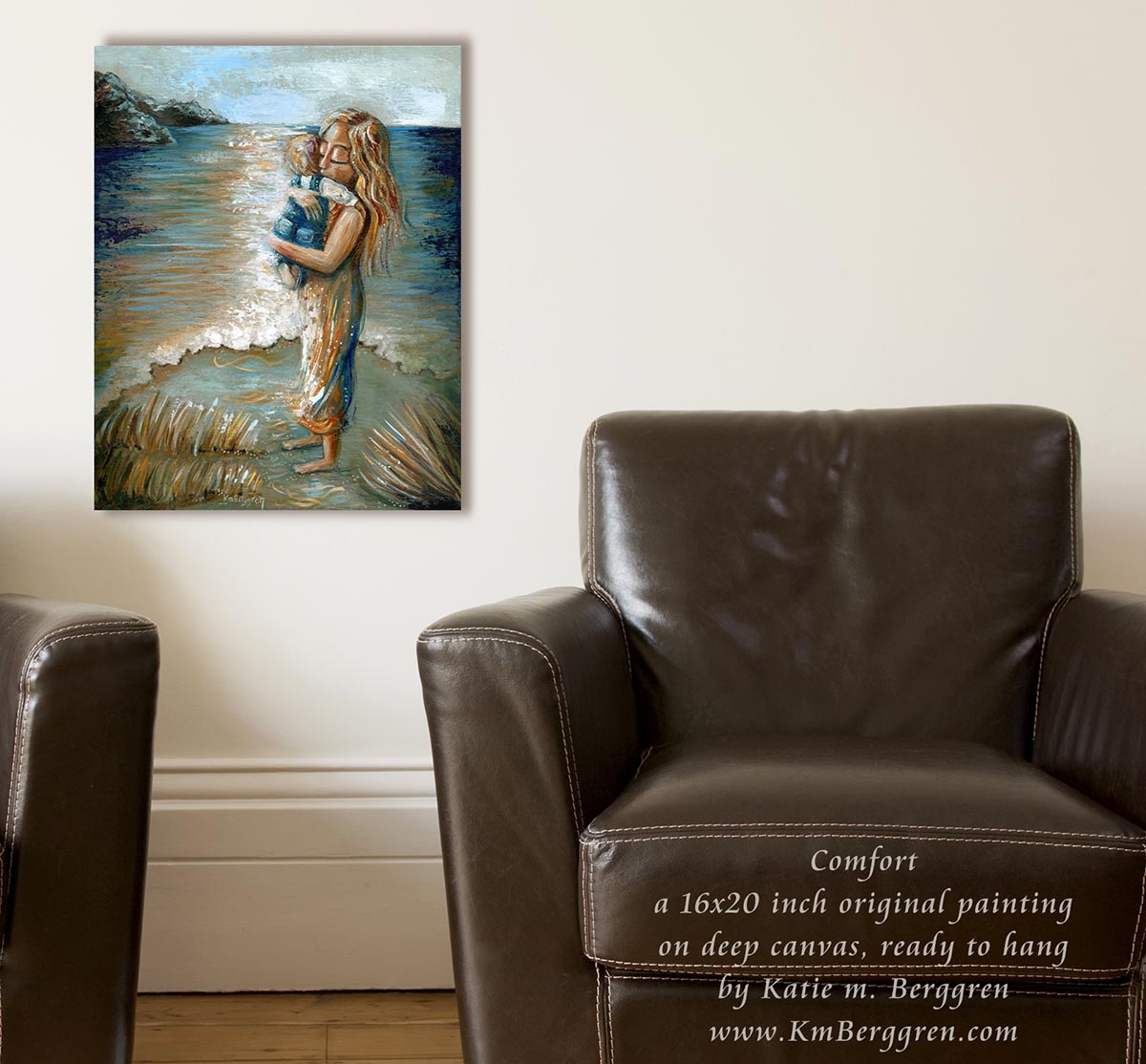 original art of mother and son standing on beach, painting of mom holding baby by the seashore, cool calm artwork, contentment art, relaxing peaceful painting shown on sitting room wall