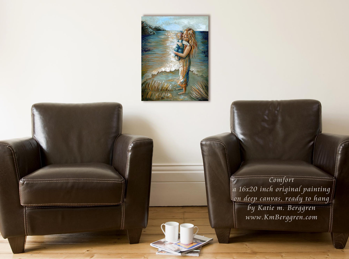 original art of mother and son standing on beach, painting of mom holding baby by the seashore, cool calm artwork, contentment art, relaxing peaceful painting shown on sitting room wall