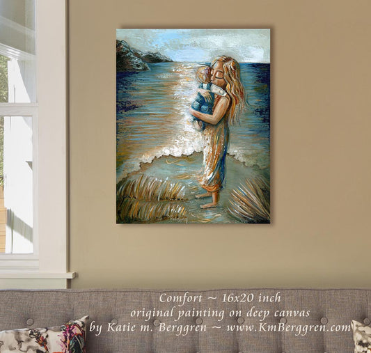original art of mother and son standing on beach, painting of mom holding baby by the seashore, cool calm artwork, contentment art, relaxing peaceful painting shown on sitting room wall