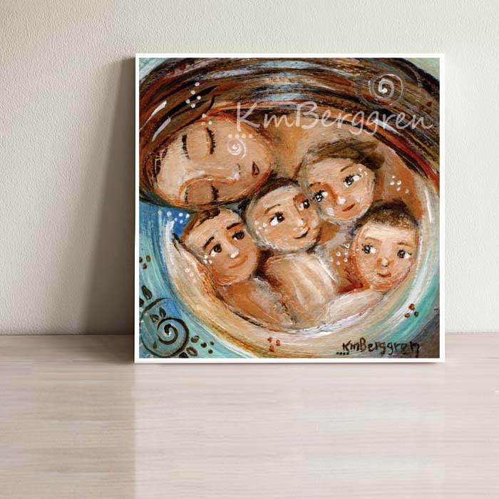 art print of mother with four children cuddled together in bed, red brown haired mom artwork with 4 sons, kmberggren, mom sleeping with 4 kids, long brown hair mom
with 4 brown hair kids