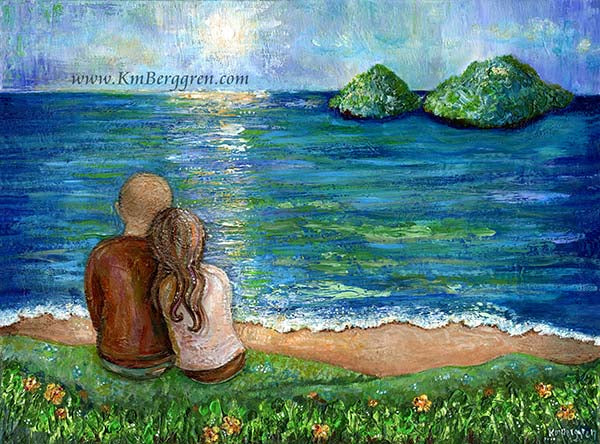 contented souls, man and woman overlooking tropical islands, art print by KmBerggren, peaceful art for husband, vibrant art for wife