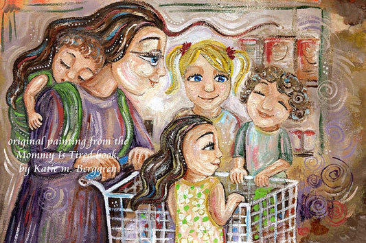 grocery shopping with children art, mother of 4 painting, shopping cart painting, riding on grocery cart art, mommy is tired painting, art from a storybook, published artwork, lisa morris author, lisa aloi morris mommy is tired, illustrated book art, illustrations and book, free book with purchase, kmberggren, km berggren book illustrations
