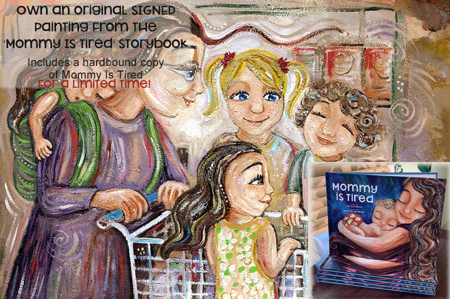 grocery shopping with children art, mother of 4 painting, shopping cart painting, riding on grocery cart art, mommy is tired painting, art from a storybook, published artwork, lisa morris author, lisa aloi morris mommy is tired, illustrated book art, illustrations and book, free book with purchase, kmberggren, km berggren book illustrations